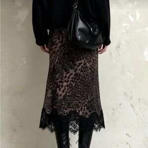 Leopard Lace-Hem Midi Skirt in Brown and Black